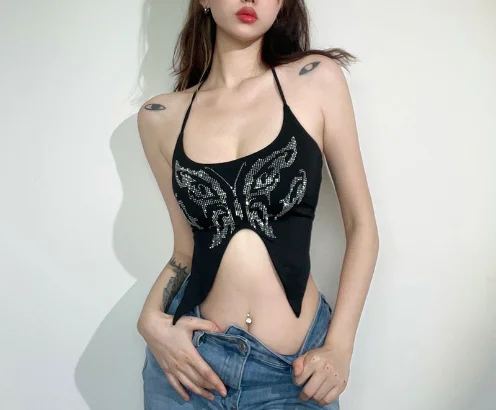 Y2K Tops Sexy Women Clothing Butterfly Asymmetric Camisole Top Summer Night Club High Street Women's Sleeveless Crop Tank Tops